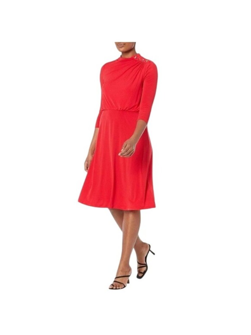 London Times Red Gold‎ Buttons Blouson Midi Dress Size 6 Stretch All-Season